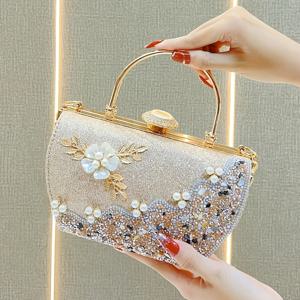 TEMU 빈티지 플로럴 라인스톤 이브닝 클러치, 우아한 인조 진주 체인 가방, 실버 그레이 폴리에스터 새슬, 탈착식 스트랩 포함, 키스 잠금 장치, 여성용, 웨딩 파티 액세서리