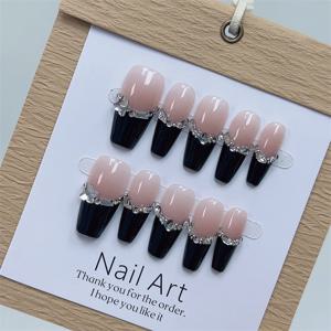 TEMU 새로운 핸드메이드 프레스온 네일, 크리스마스 선물, 중간 길이 블랙 프렌치 스타일 반짝이는 라인스톤, 섹시하고 우아한 매니큐어용 인조 네일