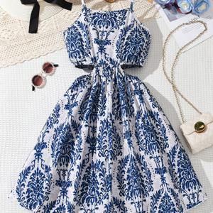 TEMU 여아용 트로피컬 플라워 프린트 드레스 - 파티 & 비치 아웃핏, 네이비 & 플라워 A라인 무릎 길이 여름 생일, 휴가, 포토샷, 오프숄더 디자인, 민소매 드레스 - 여아 의류, 비치웨어, 휴가복, 사진 촬영 옷|여름원피스|나시원피스|민소매원피스