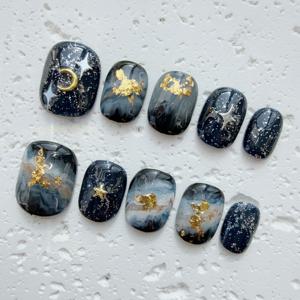 TEMU 10개 럭셔리 핸드메이드 프레스온 네일 세트 - 광택 있는 블랙과 골드 호일 악센트, 우아한 매니큐어를 위한 짧은 타원형