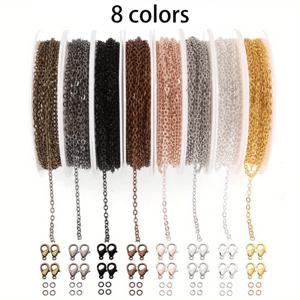 TEMU 8-Color 철 케이블 링크 체인 롤 세트, 클래스 포함, DIY 목걸이, 귀걸이, 팔찌 공예 제품을 위한 구리 도금 금속 보석 제조 공급품