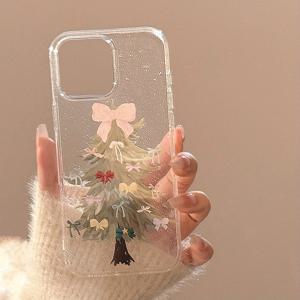 TEMU 크리스마스 트리와 리본 투명 글리터 모바일 폰 케이스, 애플 16/15/14/13/12/11 시리즈용