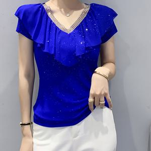 TEMU 여성용 우아한 V넥 반팔 티셔츠, 섹시한 러플 디테일, 반짝이는 메쉬 원단, 슬림핏 니트 상의, 라인스톤 장식, 폴리에스터 80%, 엘라스테인 20%, 올 시즌 패션 티셔츠|반팔티|반팔티셔츠|반팔