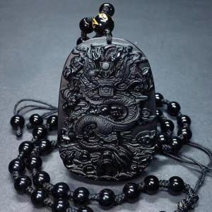 TEMU 남성을 위한 천연 블랙 오비디언과 블랙 아멜라트 네ック레이스, 드래곤 디자인 특징. 조절 가능한 비즈 체인 펜던트로 행운의 주술과 보호의 부적 역할을 하며, 봄 축제, 새해, 랜턴 축제를 위한 완벽한 선물입니다.|남자목걸이|비즈목걸이