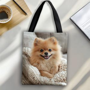 TEMU +Animal Element 1pc, 포메라니안 개가 담요에 앉아 미소 짓는 즐거운 장면, 쇼핑, 일상 사용, 휴일 선물, 품질, 여성용 캔버스 토트에 이상적입니다.