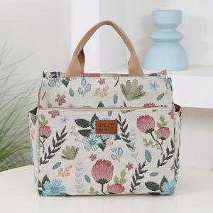 TEMU 신제품, 두꺼운 원단 핸드백, 도시락 보관 가방, 토트백, 캔버스 백, 유화 스타일, 야외 피크닉용, 휴대 간편한 직장 점심 도시락 가방, 일상 사용 가능, 내부 알루미늄 포일 단열층, 대용량, 레트로 디자인, 개학 시즌, 라마단 축제, 비식품 접촉 방지, 학교용 도시락 가방|토트백