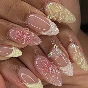 TEMU 24개입 아몬드형 인조네일 세트, 달콤한 프렌치 스타일 우아한 스파이럴 3D 귀여운 나비 섬세한 꽃 디자인, 모든 여성에게 적합, 네일 파일과 젤리 글루 포함, 쉬운 적용, DIY 네일 디자인,우아한 프렌치 팁,달콤한 미학 네일,고품질 프레션,재사용 가능한 손톱,프레슨 네일,스타일리시 네일 팁,파티 네일 장식