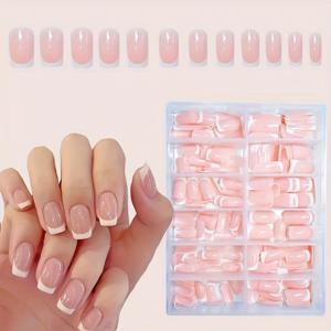 TEMU 288피스 우아한 프렌치 스타일 인조네일, 숏 스퀘어, 광택 마감, 라이트 톤, 여성 데일리웨어에 어울리는 패셔너블한 귀여운 숏 네일, 프렌치 스타일 네일,줄무늬 디자인,고품질 못,사전 도장된 네일,프레슨 네일,스티콘 네일,네일 아트 초보자,여성용 네일
