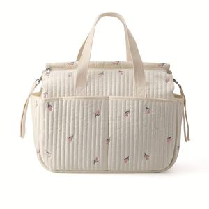 TEMU 【여행 필수품】 자수 곰 디자인 대용량 부모 가방 - 휴대용 기저귀 및 병 정리함, 이동 중인 부모를 위한 화이트 폴리에스터 핸드헬드 출산 파우치, 퀼트 질감 | 안전한 지퍼 클로저, 가방