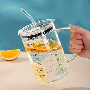 TEMU 1개 초대형 유리 물병 뚜껑 & 빨대 포함 - 튼튼한 강화 유리 컵, 16oz/500ml 대용량, 누수 방지 뚜껑 & 빨대 (온/냉 음료용), 추수감사절에 적합, 크리스마스 선물로 최고, 가정, 사무실에 이상적인 선물