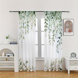 TEMU 2개 꽃무늬 쉬폰 시스루 커튼 - 반투명 무지 프린트, 거실 및 침실 장식용 로드 포켓 디자인, 자연 영감 아트가 있는 폴리에스터 가우즈, 녹색 잎 패턴, 빛 차단 개인 정보 보호 패널, 거실용 커튼