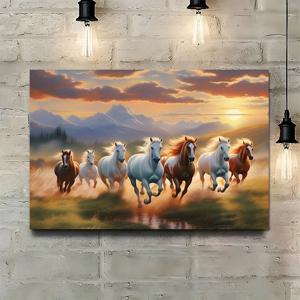 TEMU 12x16인치 행운의 일곱 말 캔버스 아트 프린트 - 황혼에 서 있는 장엄한 돌진하는 말들, 침실, 거실, 사무실 또는 카페를 위한 생동감 넘치는 벽 장식, 액자 미포함, 사무용 예술 작품 | 역동적인 말 그림 | 액자 없는 캔버스, 말 애호가 선물