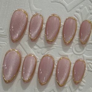 TEMU 10개 수제 퍼플 캣아이 광택 프레스온 네일 - 아몬드 모양 중간 길이, 3D 미러 효과 & 메탈릭 골든 악센트가 있는 우아한 매니큐어용 인조 손톱