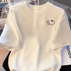 TEMU 여성용 캐주얼 반팔 티셔츠, 기쁜 얼굴 프린트 - 부드럽고 통기성이 좋은 폴리에스터 소재, 여름 패션에 이상적 - 흑색과 흰색 표현 디자인, 일상적인 편안한 착용, 일상 패션|재미있는 그래픽 티셔츠|텍스쳐|반팔티|반팔티셔츠|반팔셔츠