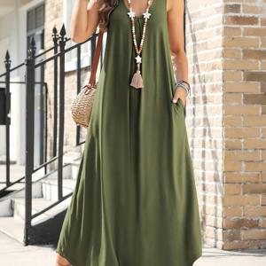 TEMU 여성용 민소매 라운드넥 캐주얼 드레스 - 포켓 디자인, 가벼운 A라인 플레어드 밑단 롱 드레스 (봄/여름/가을), 올리브 그린, 세탁기 사용 가능, 시즌별 의상, 부드러운 소재, 내구성 좋은 원단, 성인복