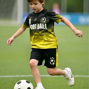 TEMU 소년용 운동복 니트웨어 세트 2개 - 반팔 티셔츠 & 신축성 허리 바지, 기하학 그라데이션 레터 프린트, 통기성 여름 스포츠 의상, 축구 및 캐주얼 착용, 축구 훈련 장비 | 스포티한 캐주얼웨어 | 니트 구조, 야외용 축구 장비