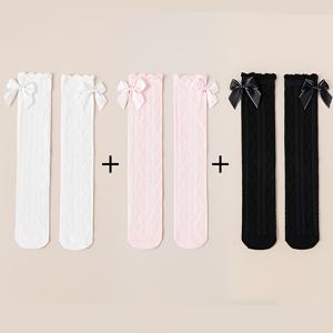 TEMU 여아용 긴 양말 3켤레, 봄과 여름을 위한 얇은 메쉬 스타일, 아름다운 레이스와 리본 디자인을 특징으로 합니다.