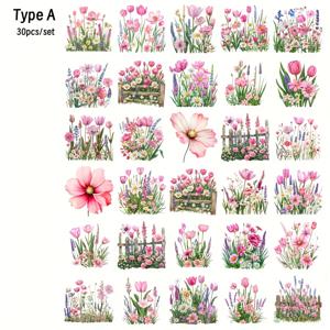 TEMU 30pcs/set 손수 만든 창의적인 물감 빈티지 봄 녹색 활력 정원 장미 튤립 다이즈 오르키드 라벤더 꽃잎 시리즈 스티커 쓰레기 일기 노트북 스크랩북 장식 손 계정 DIY 커팅 책 스티커