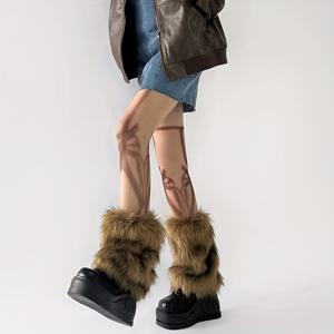 TEMU 여성 웨스턴 소녀 모피 다리 따뜻이 - 갈색 원단, 플러시 겨울 양말, 따뜻함, 레트로 스타일, 손세탁 또는 건조 세탁, 겨울 다리 따뜻이 | 플러시 양말 | 건설