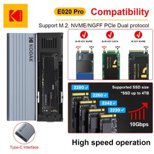 TEMU Kodak E020/E020 프로 M.2 NVMe/SATA SSD 인클로저 - 알루미늄 핫스왑 외부 저장장치, 10Gbps USB 3.2 Gen1, 플러그 앤 플레이 도구 없는 설치, 휴대용 외부 SSD/HDD 베이, PC 노트북 데스크탑용, 슬림한 알루미늄 디자인 | 알루미늄 합금 바디