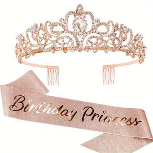 TEMU 블링 라인스톤 왕관 티아라 생일 공주 새시와 여성용 생일 파티 장식 액세서리