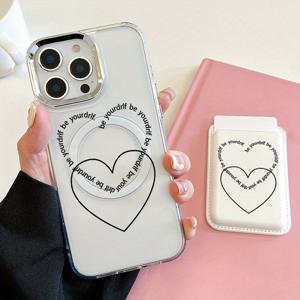 TEMU 아이폰 16 프로 맥스용 패션 신스타일 자석 블랙 하트 패턴 폰 케이스 & 자석 카드 홀더 세트 - 고급 강력한 자석 부착, 아이폰 11/15/14/13/12 프로 맥스 7 8 플러스 KX1을 위한 2-in-1 보호 콤보 충격 방지 완벽한 보호 케이스와 함께하는 1~2장의 신용카드 및 은행카드, 신분증 내부 보안 포켓