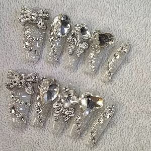 TEMU 10개 고급 플래시 롱 실버리 핸드메이드 인조 네일, 라이트 럭셔리 긴 템퍼먼트 네일 패치