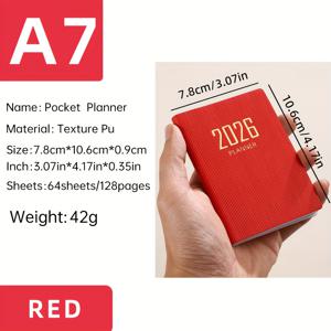 TEMU 1 A7 사이즈 2026 영어 플래너, 미니 휴대용 포켓 스케줄 책, 64장 128페이지 얇은 주간 캘린더 노트북, 365일 일일 계획 캘린더, PU 가죽 A7 소형 노트북, 4.17*3.07 인치