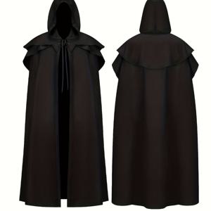 TEMU 남성용 중세 고딕 후드 케이프 - 조절 가능한 끈이 있는 긴 블랙 케이프, 할로윈 코스튬, 코스프레, 페어 & 테마 파티용 루즈핏 - 내구성 있는 논스트레치 원단, 고스 액세서리, 역사적 의상, 고품질 공예