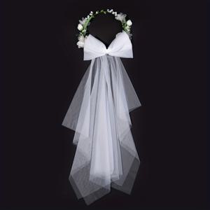 TEMU 1 우아한 화이트 빅 보우 베일 헤드피스 - 테마 웨딩 & 브라이덜 파티용, 다기능 사용 가능, 전원 불필요, 클래식 브라이덜 스타일, 투명 폴리에스터 튤, 15세 이상 청소년에 적합, 사계절 착용, 결혼식, 졸업식, 여의날 등 다양한 행사에 완벽