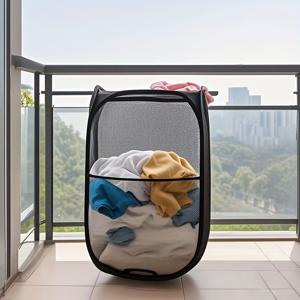 TEMU 메시 소재의 접이식 2단 세탁 바구니. 가정 욕실에서 세탁물 보관에 적합합니다. 이 흑백 얼룩 옷 정리함은 휴대 가능하며 책 및 잡동사니 보관에도 사용 가능합니다. 세탁실에 이상적입니다.|빨래바구니