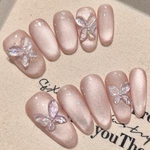 TEMU 결혼식 및 특별한 행사를 위한 오벌 짧은 모양의 아이스 디자인, 소프트 핑크 누드 광택 인조 손톱 10개 세트 - 고급스러운 수제 프레스온 네일 | 파티용 네일