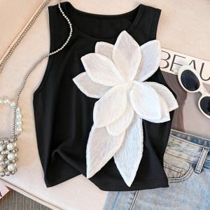 TEMU 여성용 스타일리시한 슬리브리스 탱크 탑, 대형 화이트 꽃 프린트 - 캐주얼 크루 넥, 가벼운 폴리에스터 소재, 봄 & 여름 의상에 완벽한 꽃 프린트 블라우스