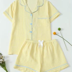 TEMU 여성용 우아한 노란색 체크무늬 파자마 세트 - 반팔, 반바지, 그리고 리본 디테일이 있는 버튼업 탑, 봄/여름/가을에 완벽한 캐주얼 잠옷|체크무늬|버튼업 탑, 파자마