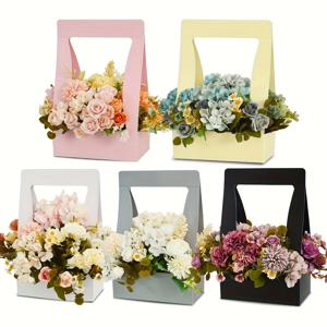 TEMU 손잡이가 있는 5개 꽃다발 선물 상자 세트 - 결혼식, 발렌타인데이, 어머니날 등을 위한 우아한 공예용 종이 가방 - 꽃 포장, 파티 토트백 및 플로리스트 용품에 완벽함, 크리스마스, 할로윈