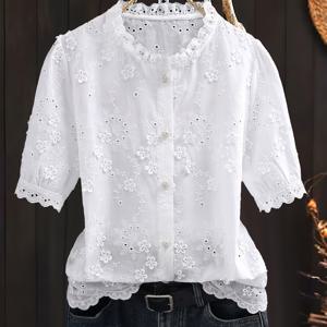 TEMU 여성용 레이스 트림 반팔 블라우스 - 꽃 자수 세미시스탑, 스탠드업 칼라와 버튼 프론트, 기계세탁 가능, 사계절 캐주얼 & 정장용 플로랄 프린트 블라우스, 섬세한 원단 탑