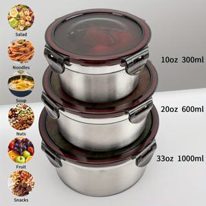 TEMU 3pcs 스테인리스 스틸 식품 보관 용기 세트 - 밀봉된 커버, 누출 방지 냉동 보관용기, 과일/채소/식사 준비용, 공간 절약형 현대식 식료품 장식 (세척기 안전 및 쌓을 수 있음, 완벽한 집들이 선물)