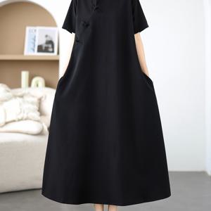TEMU 우아한 검은색 청삼 스타일 미디 드레스 - 라펠 칼라와 사이드 슬릿 - 슬림핏, 짧은 소매, 폴리에스터, 봄/여름에 완벽, 성인 여성 패션, 우아한 의상|슬림핏 드레스|폴리에스터 원단