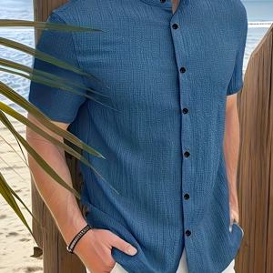 TEMU 일룬 남성용 캐주얼 반팔 버튼업 셔츠 - 부드러운 폴리에스터, 스탠드업 칼라, 세탁기 사용 가능, 솔리드 화이트, 비침 방지 원단의 통기성 여름용 해변 및 캐주얼 외출용