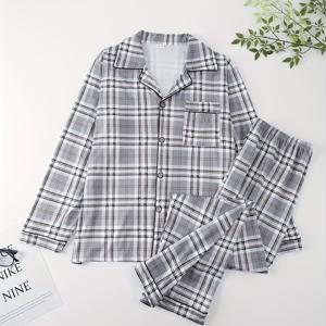 TEMU 남성용 파자마 세트 - 따뜻한 그레이 플레드 긴팔 셔츠 & 바지, 부드러운 마이크로파이버 소재, 가을/겨울을 위한 편안한 두 개의 파자마, 가을 파자마 | 플레드 파자마 세트 | 남성용 마이크로파이버 파자마