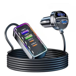 TEMU 전면 및 후면 차량용 충전기, PD 30W USB 카 충전기 6-in-1, LED 호흡성 조명, 범용 USB 기기 호환, 남성-여성 커넥터, 연장 케이블 포함, 가족 차량용, 다중 장치 고속 충전