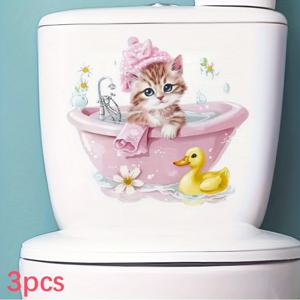 TEMU 3개 세트, DIY 화장실 스티커, 집/욕실/문/창문용, 변기 시트 데칼, 비닐 소재, 쉽게 붙이고 떼는 내구성 강한 접착제, 즉각적인 변기 얼룩 커버링, 저렴한 변신, 오래가는 벗겨지지 않는 귀여운 고양이 욕조 패턴 장식 스티커|변기커버