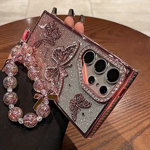 TEMU 럭셔리 스타일 반짝이는 나비 비즈 체인 스트랩 S25 울트라 케이스, 갤럭시 S24+ 방수 커버, 여성용 트렌디 디자인