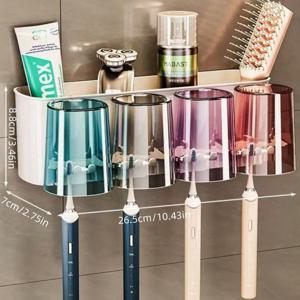 TEMU 벽걸이 칫솔 홀더 및 입욕제 컵 정리함 - 구멍이 없는 내구성 있는 플라스틱 욕실 수납 랙, 공간 절약형 가정용 욕실 장식, 무작위 색상 디자인, 욕실 수납 랙, 현대적인 미적 감각, 세련된 마감