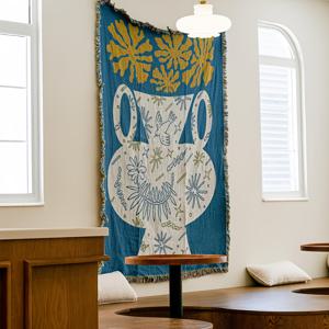 TEMU 스칸디나비아 미술 테이프스트리 블랑켓 - 기하학적 모양, 파란색 및 노란색 액센트가 있는 현대적인 추상 디자인, 폴리에스터 벽걸이, 거실 또는 침실 장식용, 침대용 블랑켓|거실장