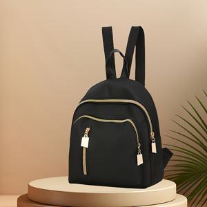 TEMU 여성용 스타일리시 블랙 나일론 백팩, 골든 톤 지퍼 및 액센트 - 내구성 있는 폴리에스터 안감, 다중 컴파트먼트, 조절 가능한 어깨 스트랩, 대학, 직장, 여행용 백팩, 안전한 지퍼 잠금