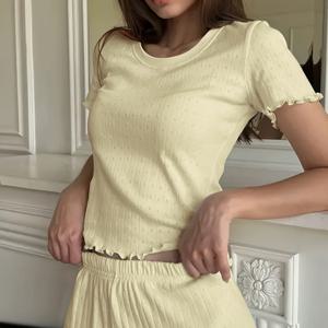 TEMU 여성용 우아한 캐주얼 투피스 세트 - 반팔 라운드넥 탑 (러플 헴 & 반바지), 단색, 올 시즌 편안함, 캐주얼 복장 | 캐주얼 복장, | 편안한 착용감, 여성 라운지 웨어