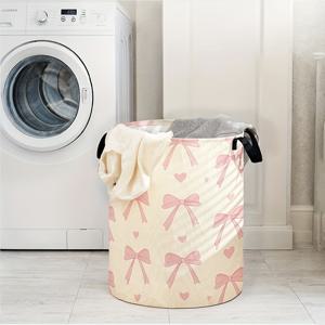 TEMU 핑크 리본과 하트 프린트 세탁 바구니 - 손잡이가 있는 둥근 보관 바구니, 옷, 책, 가정 장식에 이상적, 침실, 욕실, 거실 등 다양한 곳에서 사용할 수 있는 다용도 제품, 세탁실 액세서리|빨래바구니