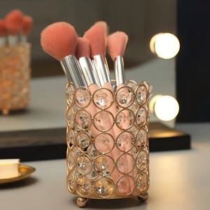 TEMU 골드와 실버 메이크업 보관용 버킷 - 다기능 화장품 정리함, 가정, 화장품 매장 및 웨딩 포토 스튜디오에 적합, 원형 연필 화분 디자인, 화장품 보관, 메이크업 브러시 버킷