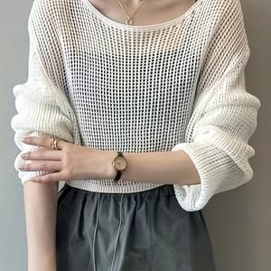 TEMU 여성용 가벼운 카디건 - 반투명 루즈핏 롱소매 라운드넥 캐주얼 커버업, 봄 여름 가을 레이어링 아이템, 부드러운 소재 드레스 & 탑, 스타일, 쉬어 탑, 세련된 여성 패션